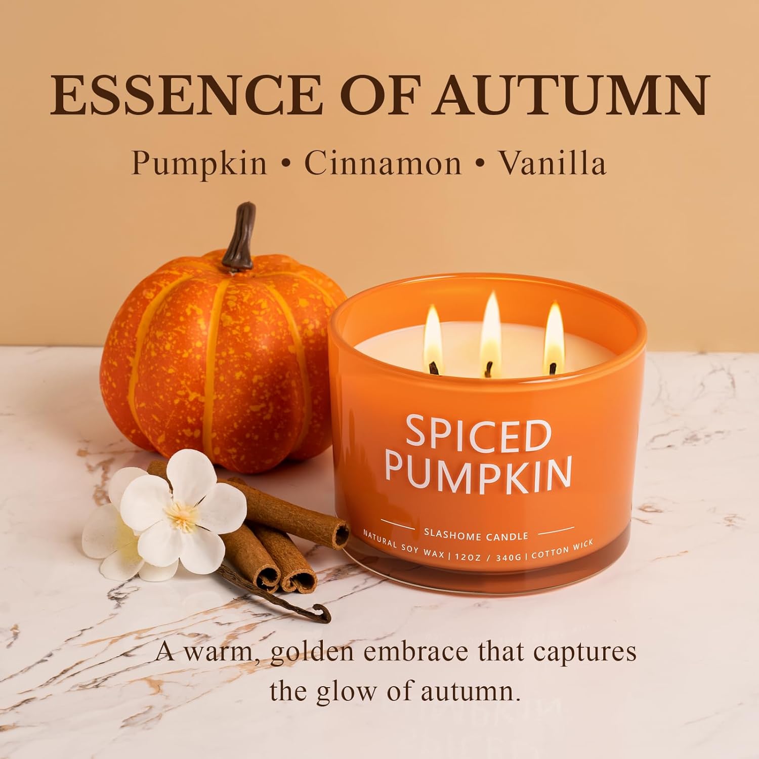 Pumpkin Spice Fall Candle, Large 3 Wick 12oz Luxury Candle, Elegant Autumn Gift for Women & Men