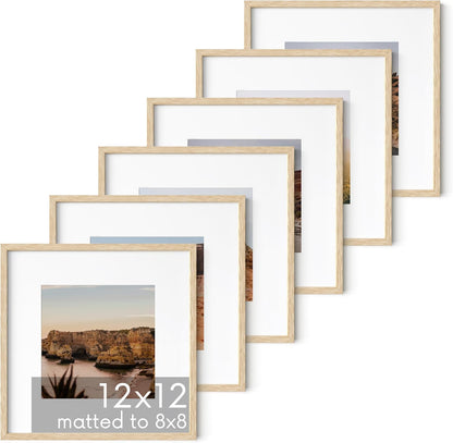 HAUS AND HUES Solid Oak Wood 12”x12” Picture Frames Matted to 8”x8” Set of 6 - Photo Gallery Wall