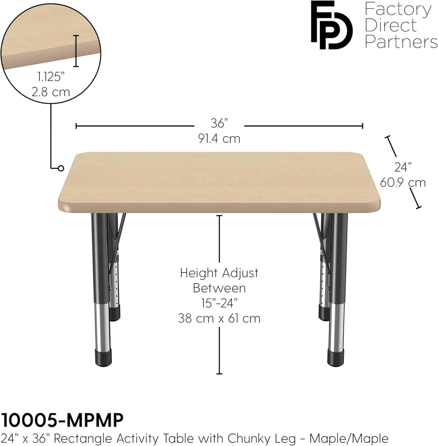 FDP Rectangle Activity School and Classroom Kids Table (24 x 36 inch), Chunky Toddler Leg