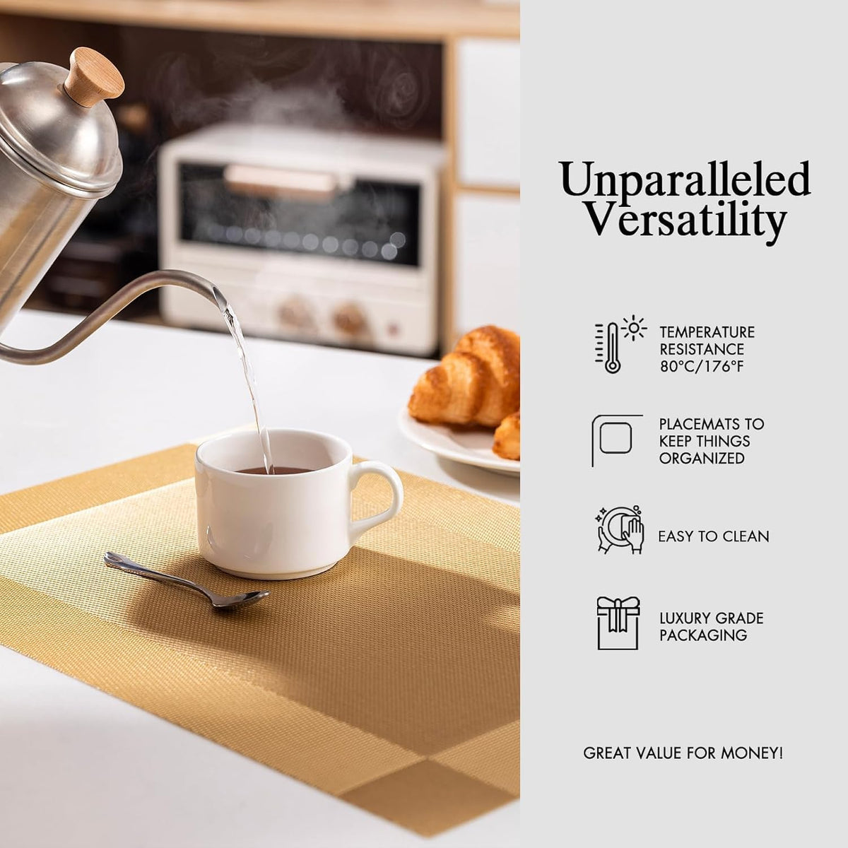 Placemats Set of 8 - Easy Clean Woven Vinyl Placemats for Dining Table, Indoor/Outdoor Place Mats