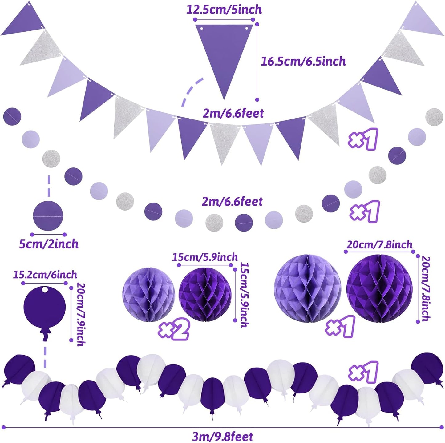 Purple Party Decorations, Birthday Party Supplies Easy Assembly Paper Fan Honeycomb Ball Garland