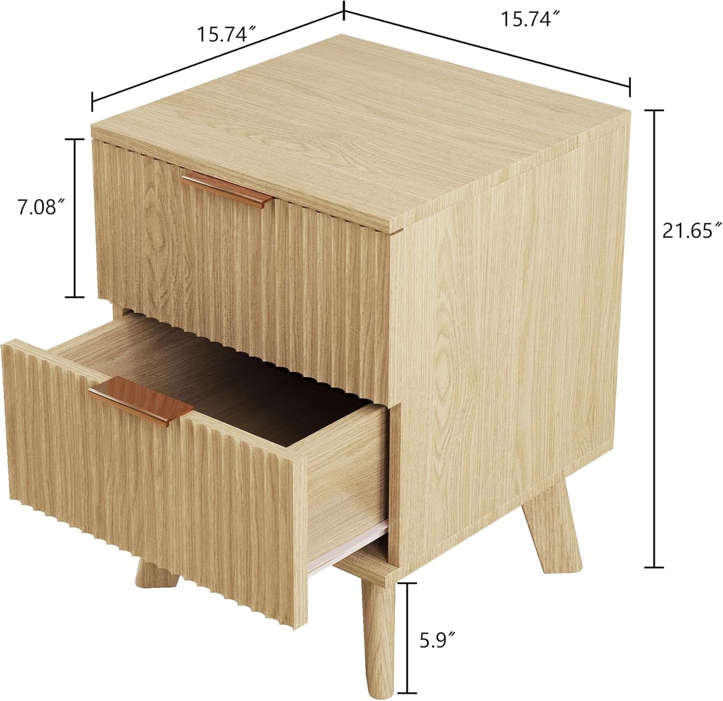 Fluted Nightstands Set of 2, Mid Century Modern 2 Drawer Dresser for Bedroom, Small Night Stand