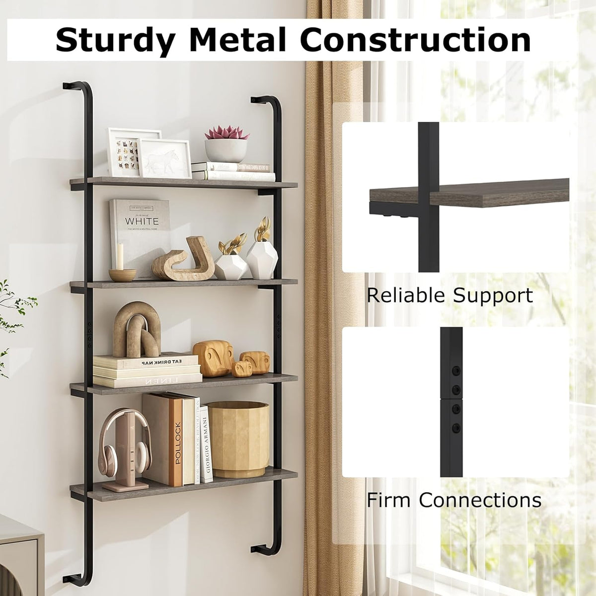 Giantex 4-Tier Industrial Bookshelf, Wall Mounted Pipe Shelving Unit, Floating Shelves with Metal