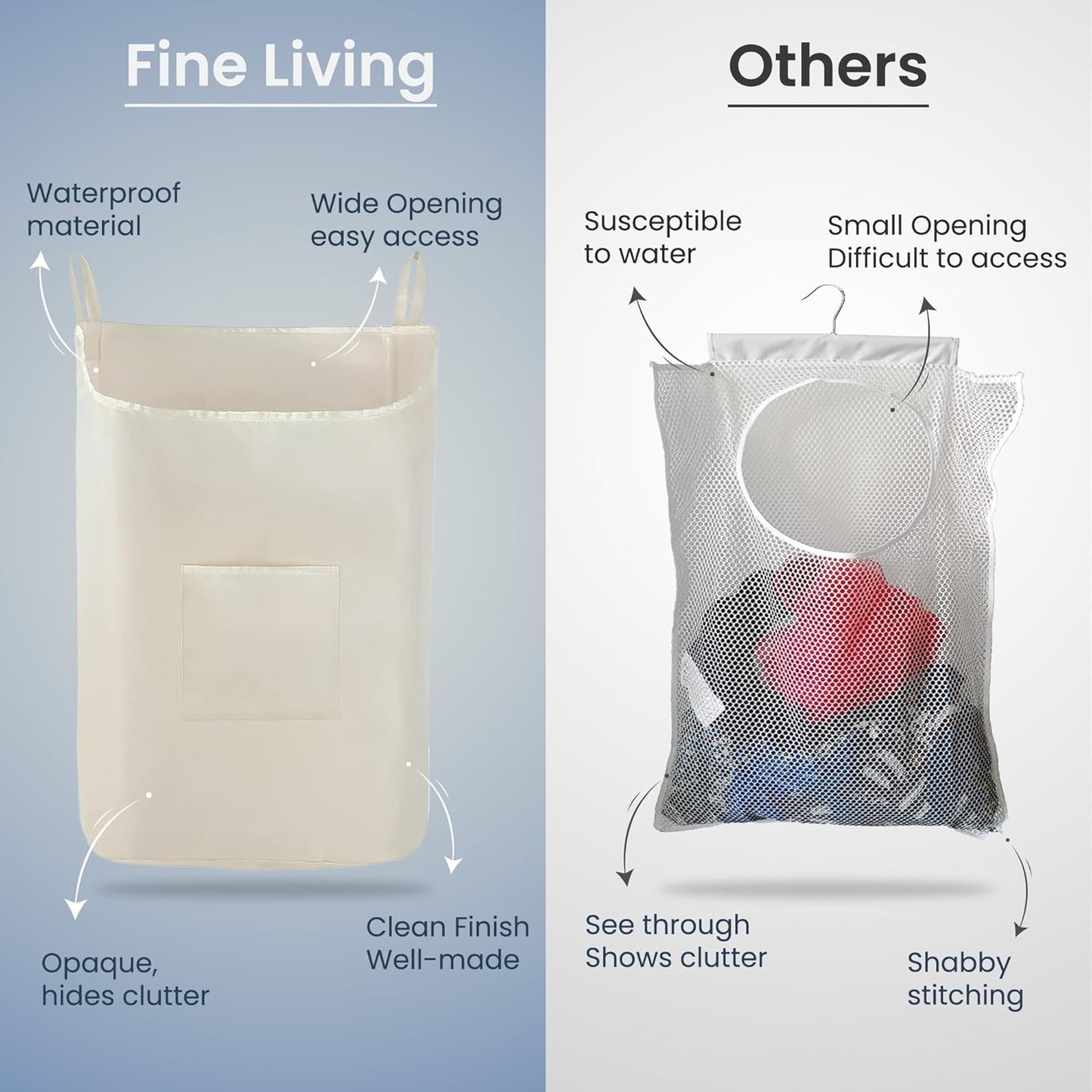 The Fine Living Co. Hanging Laundry Hamper with Over Door Hooks & Adhesive, Durable Space Saving