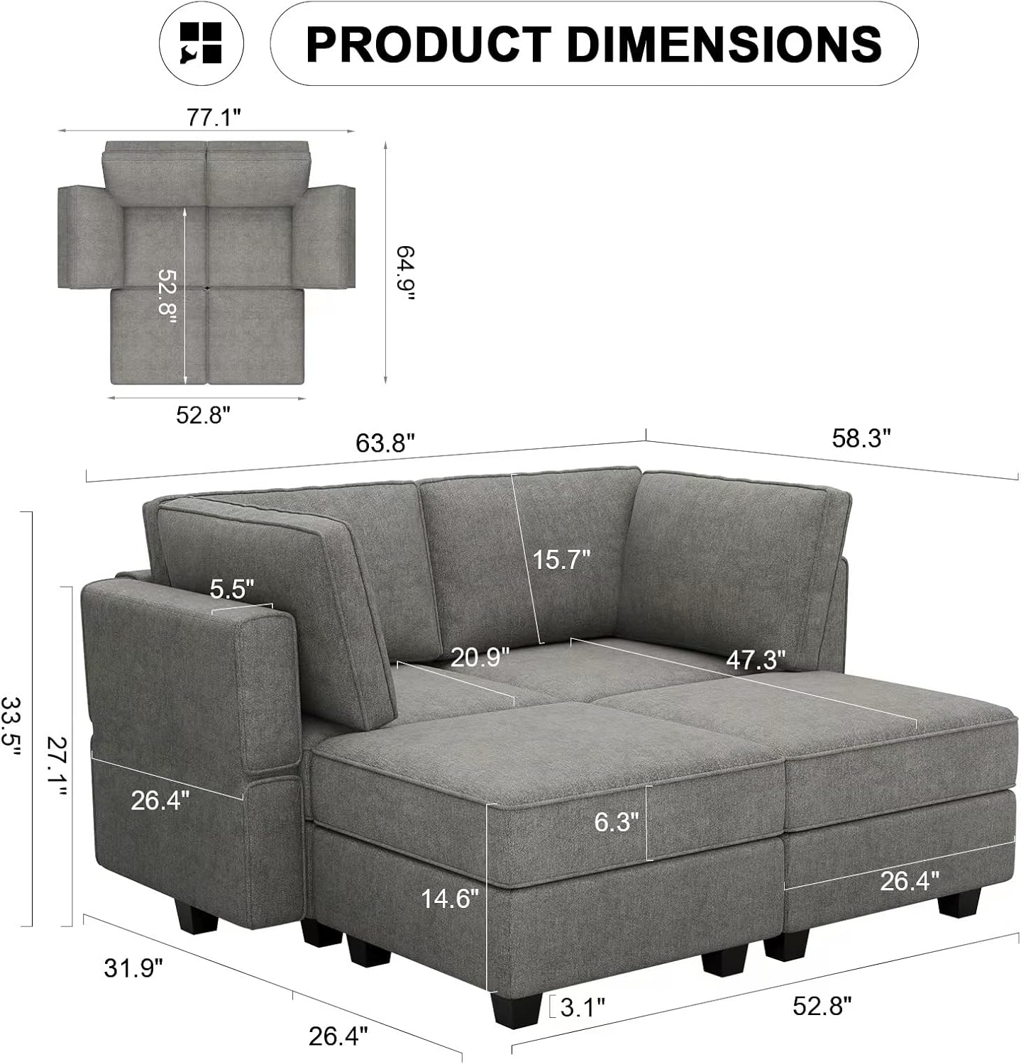 Bellfin Modular Sectional Sleeper Sofa Convertible Sofas with Storage Ottomans Small Sectional