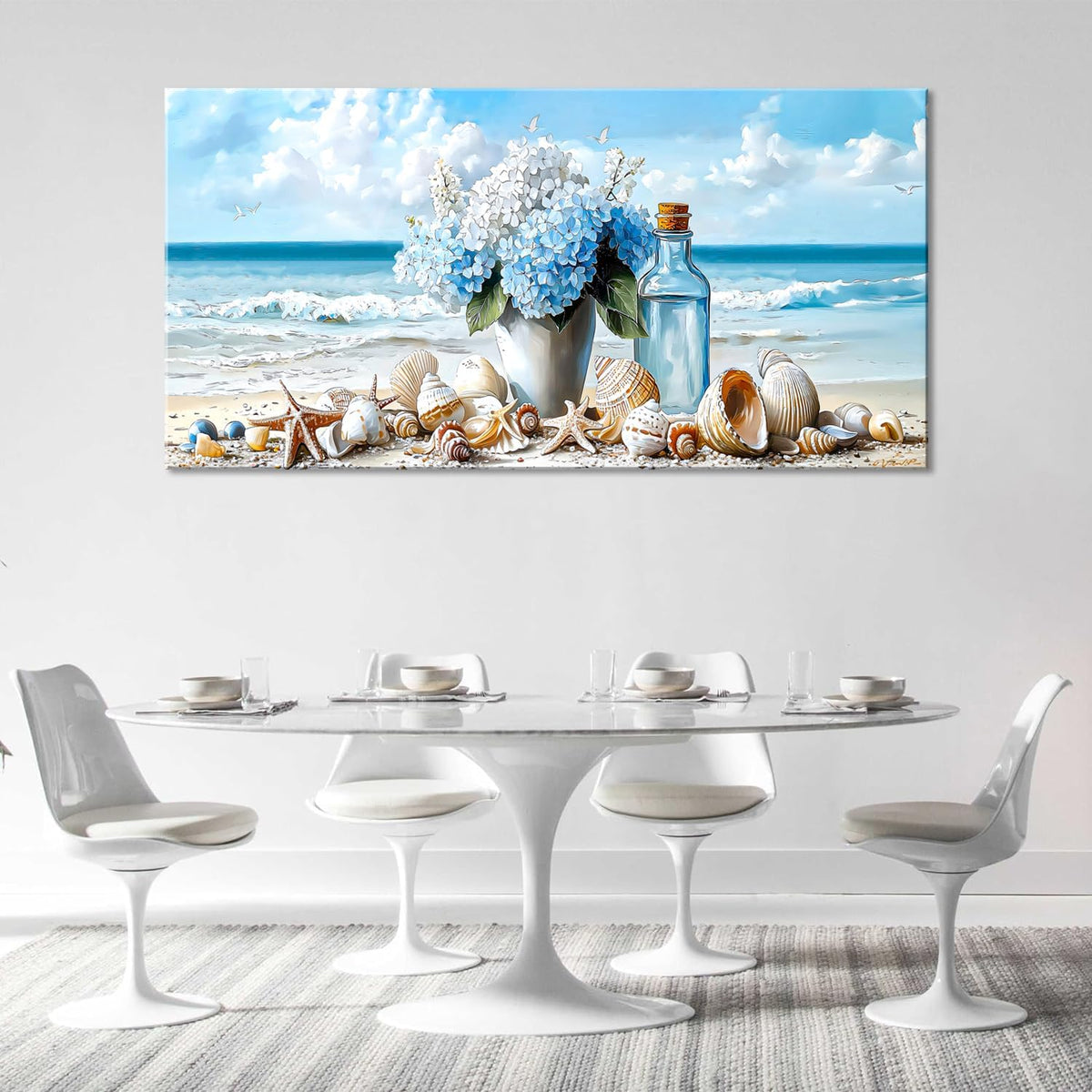 LASMOND Romantic Beach Wall Art for Living Room Blue Shells Conch Vase Canvas Prints Modern Large