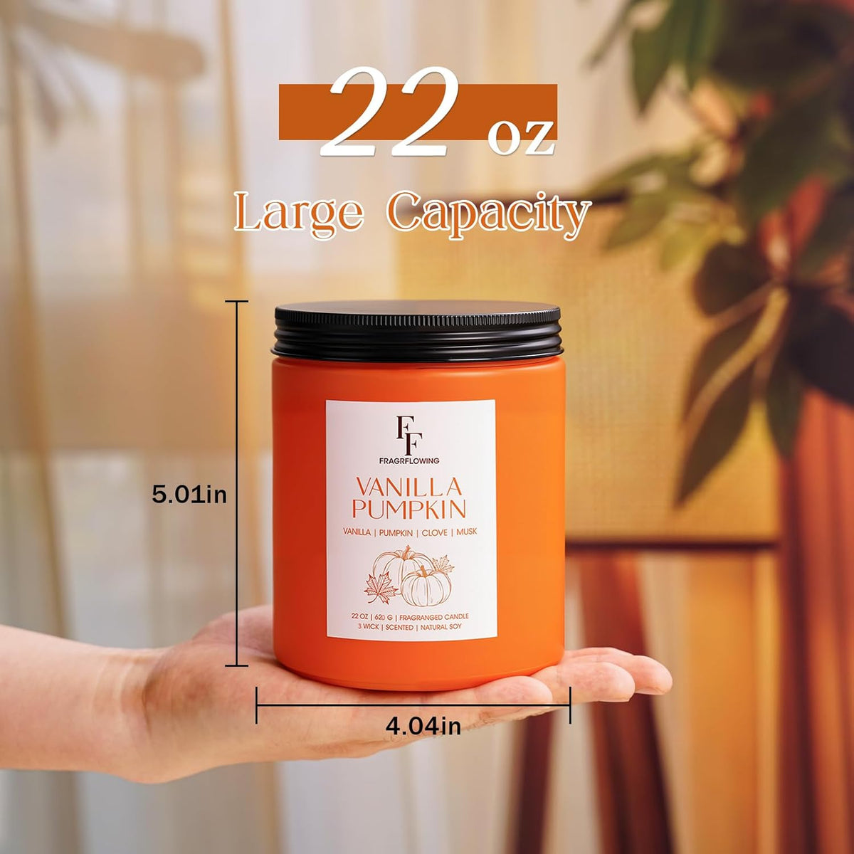 Large Fall Candle Vanilla Pumpkin Scented, 3-Wick 22oz Long Lasting Scented Candle, Natural Soy Wax