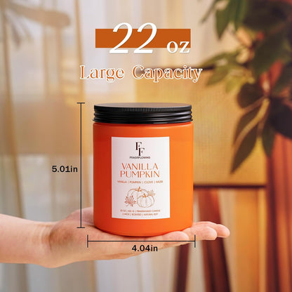 Large Fall Candle Vanilla Pumpkin Scented, 3-Wick 22oz Long Lasting Scented Candle, Natural Soy Wax
