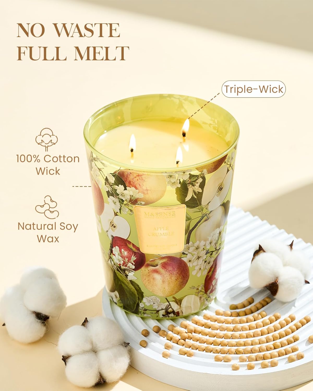 M&SENSE Extra Large Candle Apple Crumble Scented, 3-Wick 35oz 150H Long Lasting, Natural Soy Wax