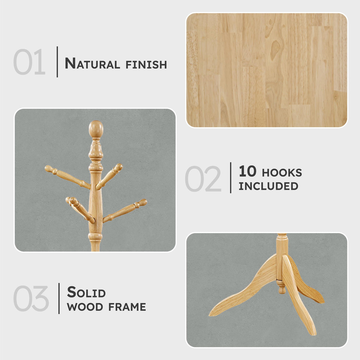 Lexicon Wooden Coat Rack Stand, 3-Tier, 10 Hanging Hooks, Natural