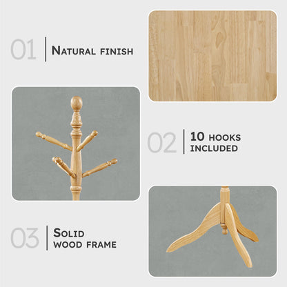 Lexicon Wooden Coat Rack Stand, 3-Tier, 10 Hanging Hooks, Natural