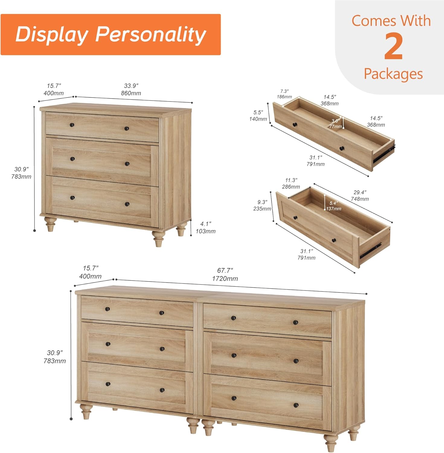 WAMPAT Kids Dresser for Bedroom with 6 Drawers, Oak Baby Dressers with Wide Chest of Drawers, Mid