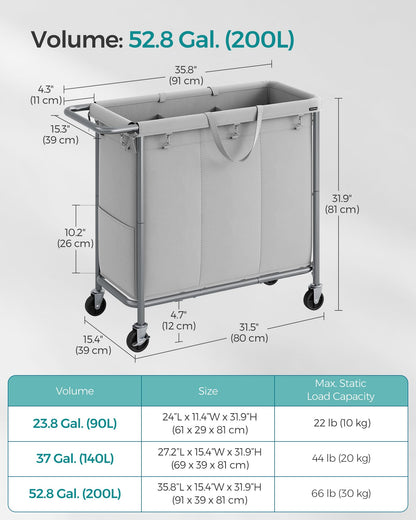 SONGMICS Laundry Basket with Wheels, 3-Section Rolling Laundry Hamper, 52.8 Gallons (200 L)