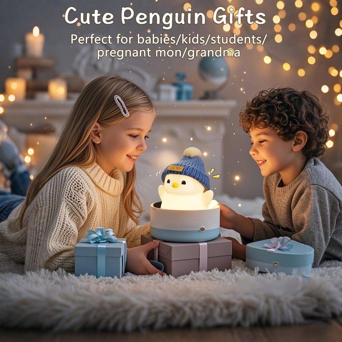 Penguin Night Light for Kids, Adorable Penguin Lamp with Hat, Food Grade Silicone Nursery