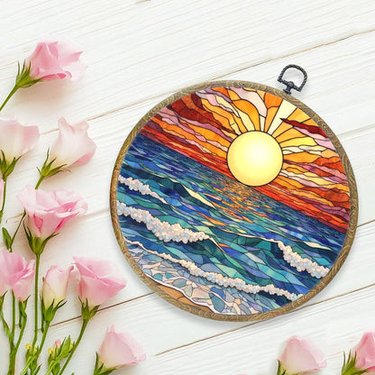 Colorful Boho Waves on The Beach Sunset Gifts for Sunset Lovers Framed Round Wall Decor Canvas Wall