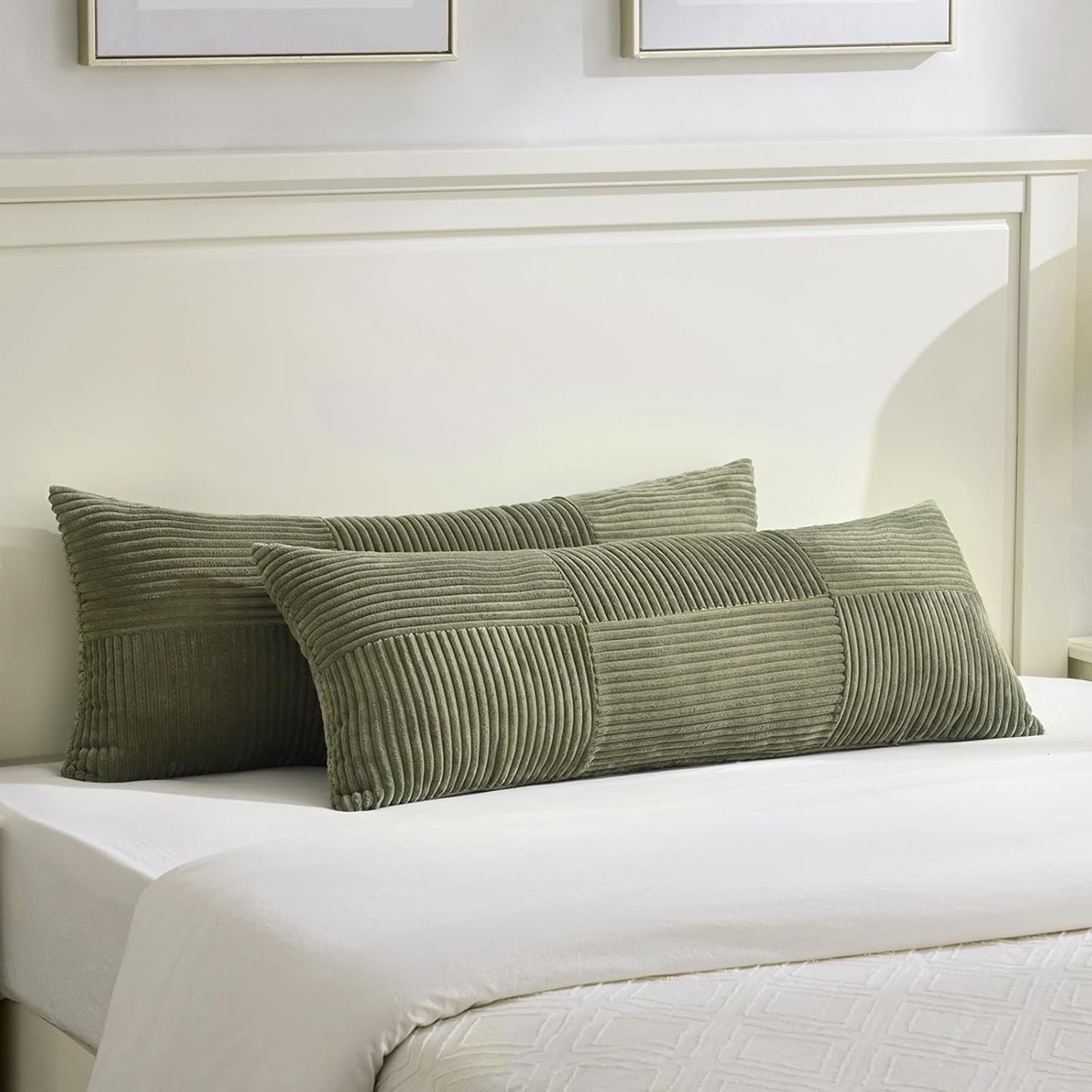 Fancy Homi Set of 2 Olive Green Boho Long Lumbar Body Decorative Throw Pillow Cover 14x36 Inch for