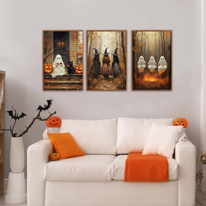HLNIUC Framed Halloween Canvas Wall Art,Dark Witch Crow Raven Prints,Black Cat Decor,Horror Gothic