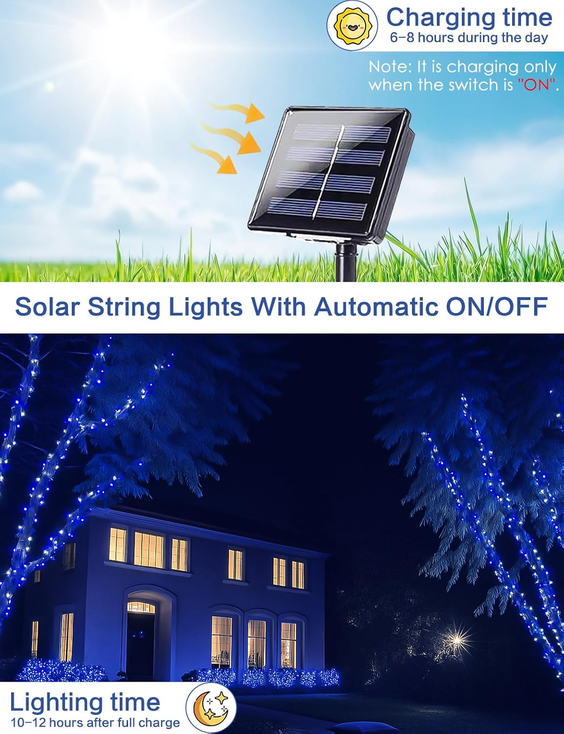 2 Pack Blue and White Solar String Lights Outdoor, 80FT 200 LED Waterproof Silver Wire Fairy Light