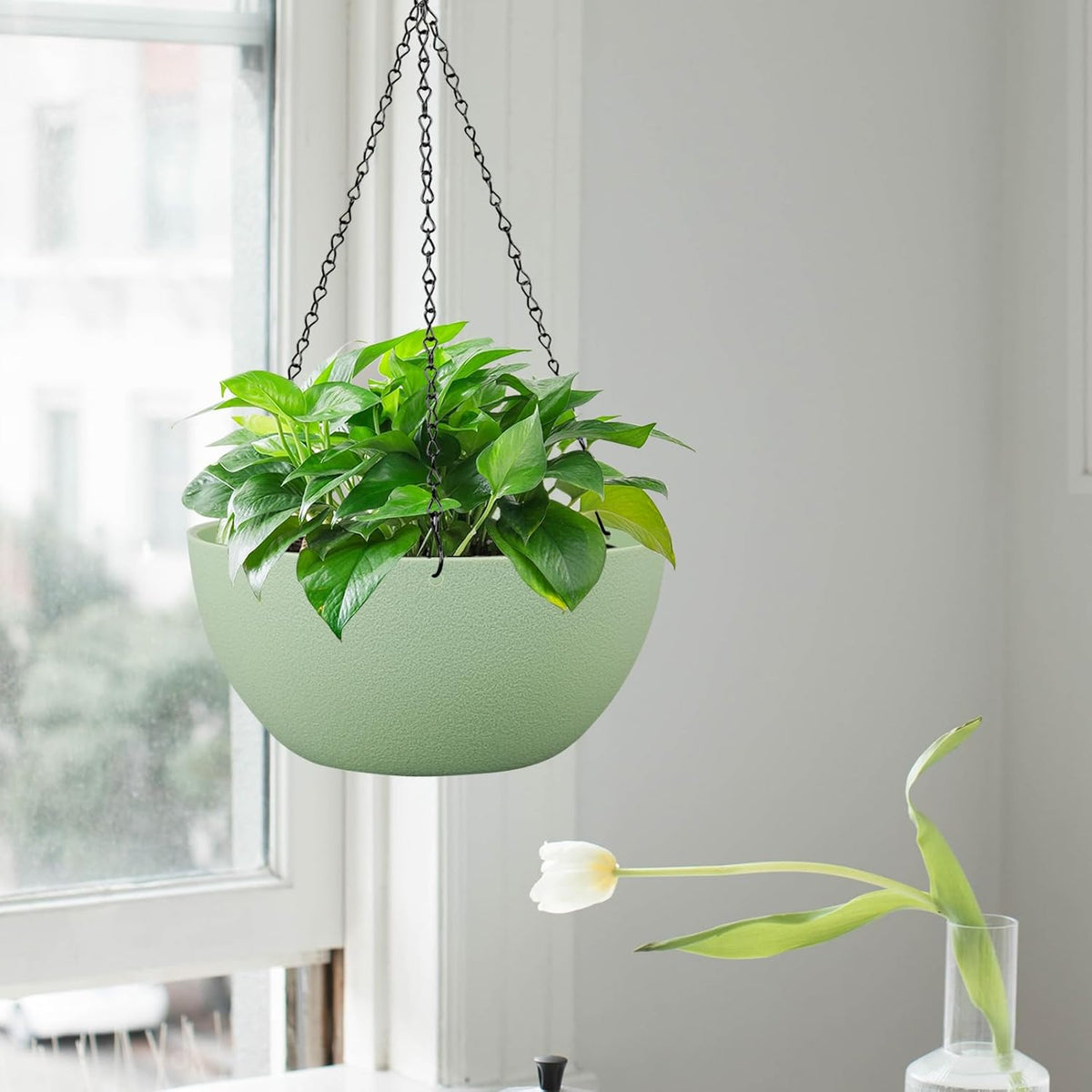 10 inch Hanging Planters for Outdoor Indoor Plants with Drainage Holes and Chain, 2 Pack Round