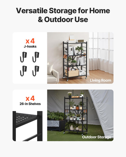 VEVOR 4-Tier Foldable Storage Shelf, 26W x 13D x 46H Inch Folding Metal Rack Shelving Unit, No
