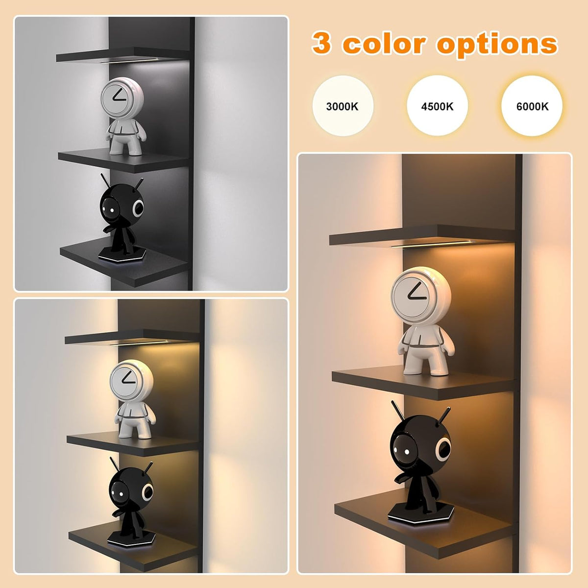 5 Tier Wall Shelf Unit, Black Modern Vertical Lack Wall Shelves with Light, Wall Mount, Floating