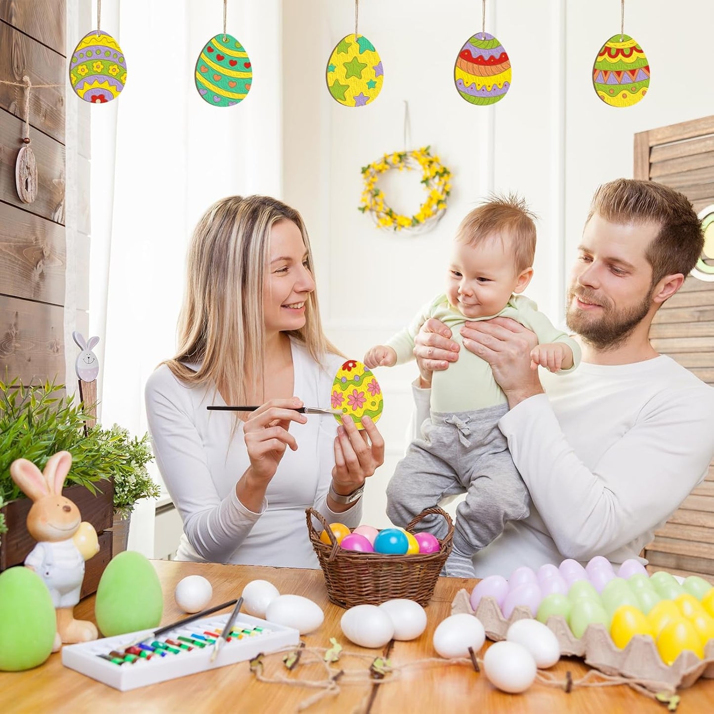 80PCS Wooden Easter Ornaments to Paint, 10 Styles DIY Blank Unfinished Wood Cutouts Ornament for