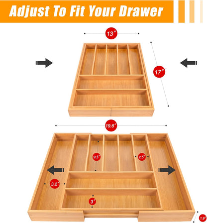 Bellsal Large Premium Bamboo Silverware Organizer - Expandable Utensil Drawer Organizer - 17"x19.6"
