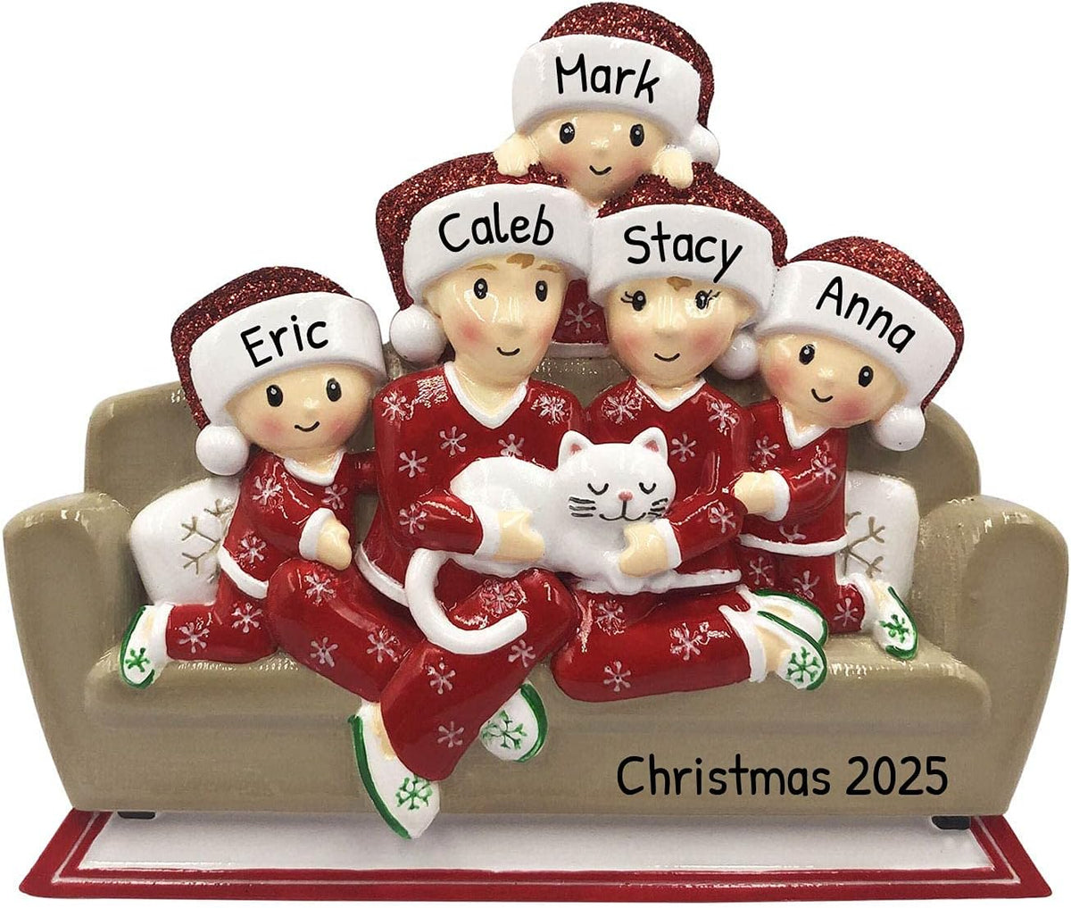 3D Matching Pajama Family of 5 with Cat Ornament 2025 Personalized Family Christmas Ornaments 2025