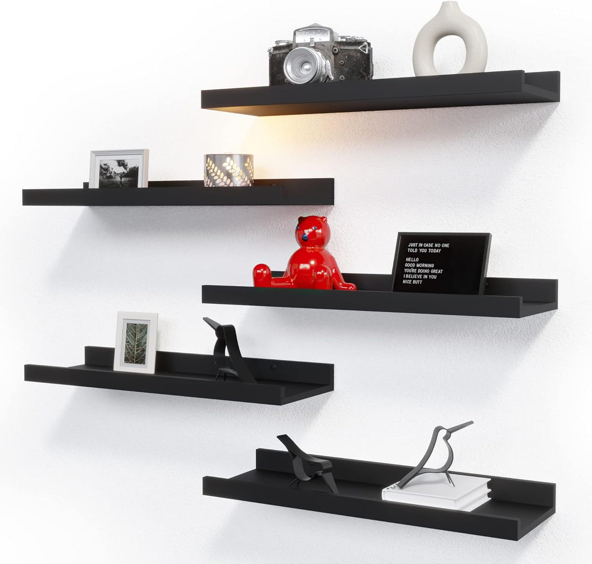 RICHER HOUSE 5 Set Floating Wall Mounted Shelves, Black Shelves for Wall Decor, Modern Picture
