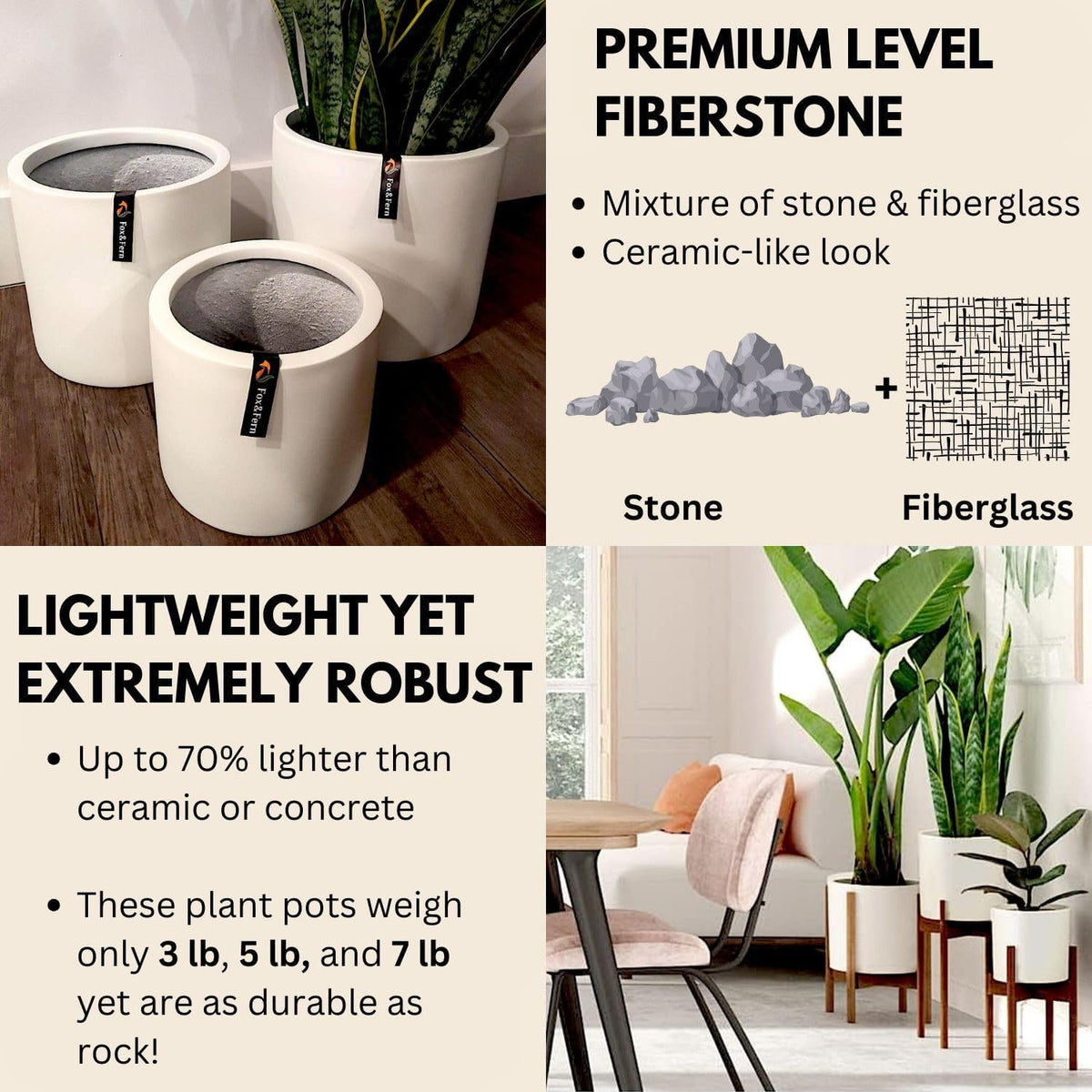 Fox & Fern Matte White Plant Pots with Drainage Plug (Set of 3) — Premium Lightweight Fiberstone 8