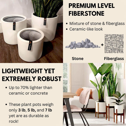 Fox & Fern Matte White Plant Pots with Drainage Plug (Set of 3) — Premium Lightweight Fiberstone 8