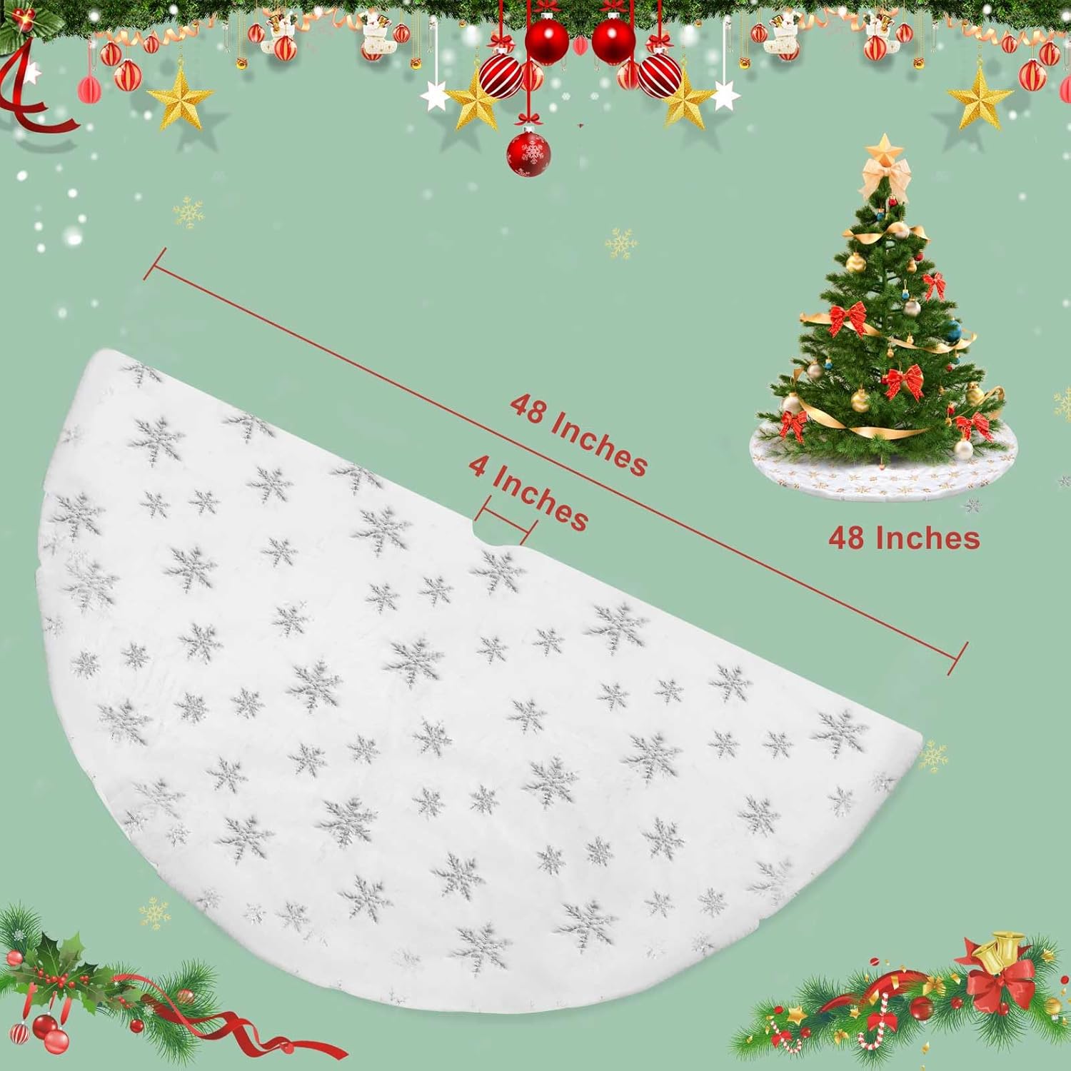 Christmas Tree Skirt, 48 Inch White Luxury Faux Fur & Silver Sequin Snowflakes, 4ft Xmas Tree Skirt