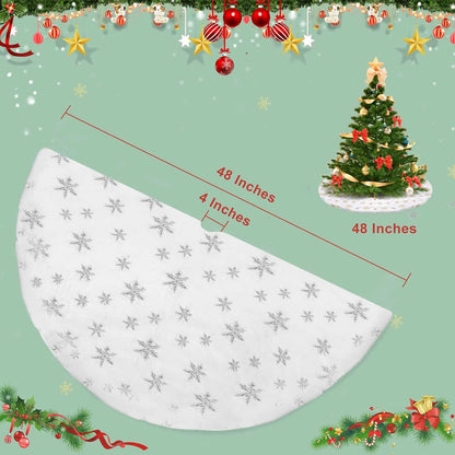 Christmas Tree Skirt, 48 Inch White Luxury Faux Fur & Silver Sequin Snowflakes, 4ft Xmas Tree Skirt
