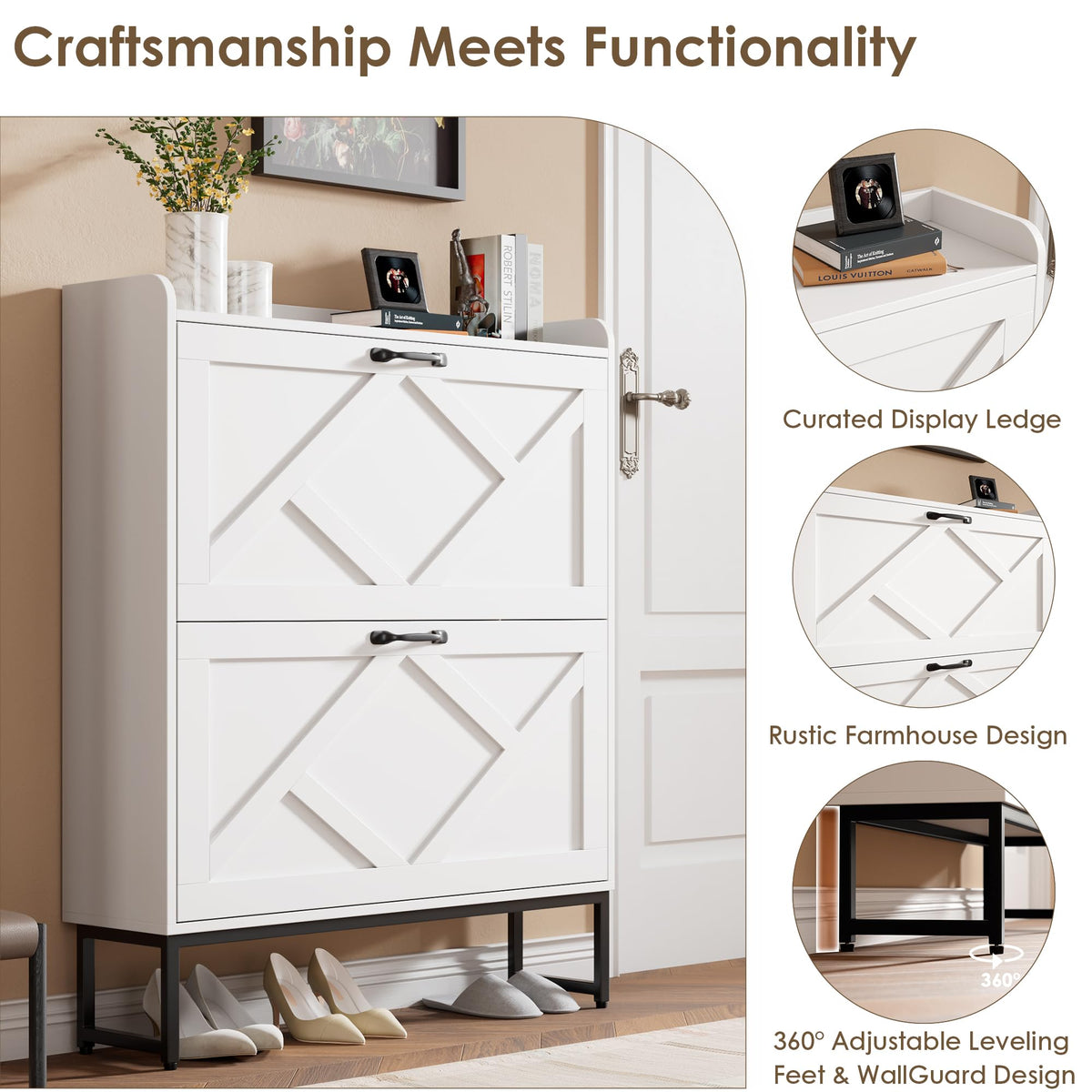 Nicetree Shoe Storage Cabinet with 2 Flip Drawers, Entryway Cabinet, White