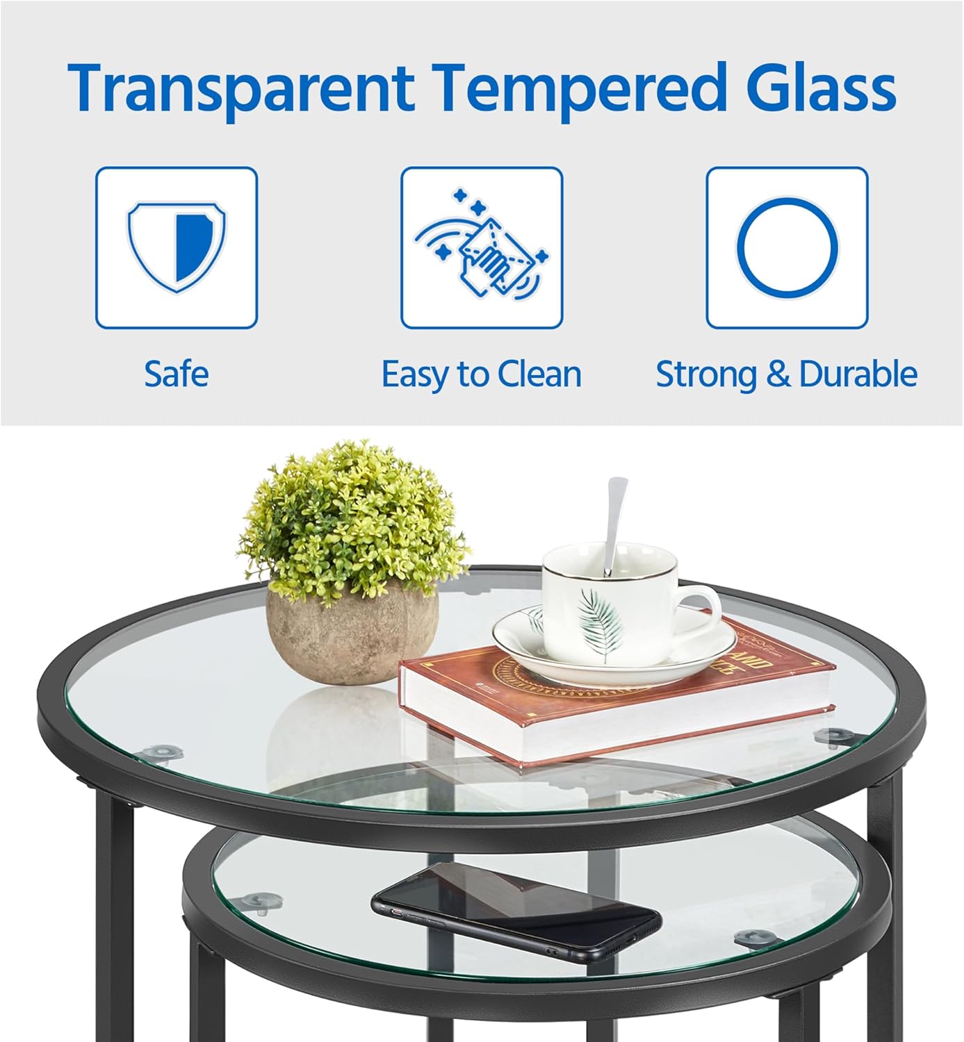 Yaheetech Round Nesting End Table Set of 2,Stacking Side Tables,Coffee Tables Set w/Metal Frame &