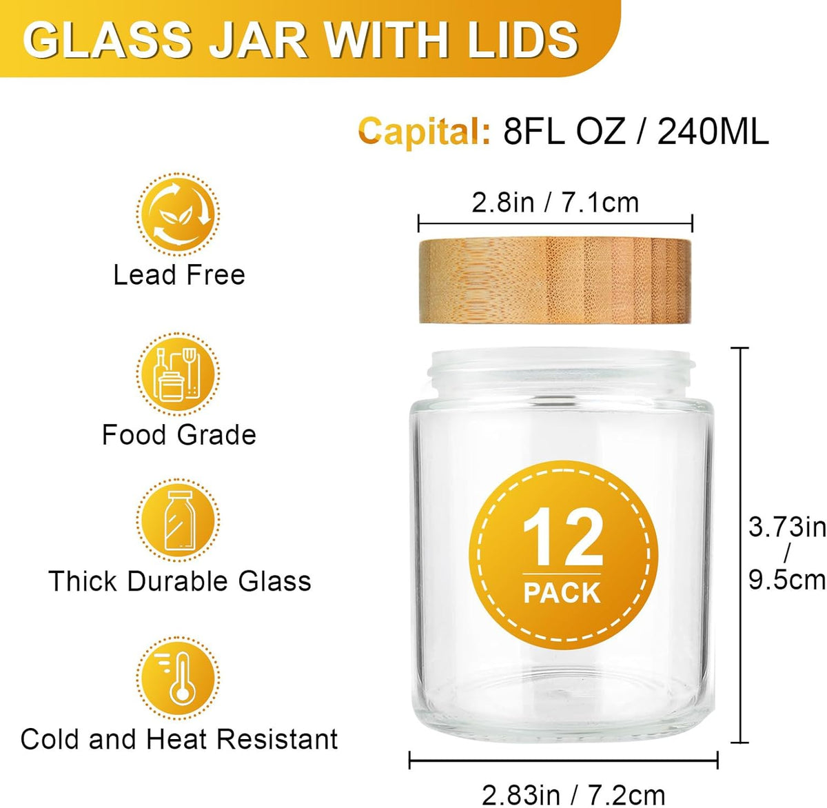 AISIPRIN Spice Jars with Label,12 Pcs 8oz Glass Jars with Bamboo Lids,Spice Organizer for