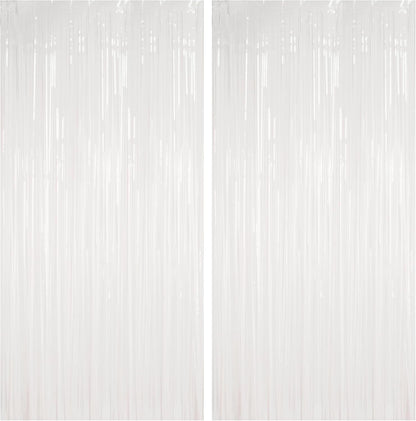 BRAVESHINE Tinsel Photo Backdrop Curtains - 2 Pack 3.2x8.2ft White Foil Fringe Streamer Curtain for