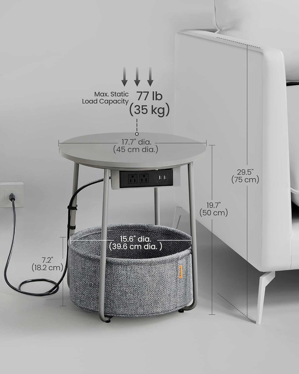 VASAGLE Side Table with Charging Station, Round End Table with Fabric Basket, Nightstand with Power