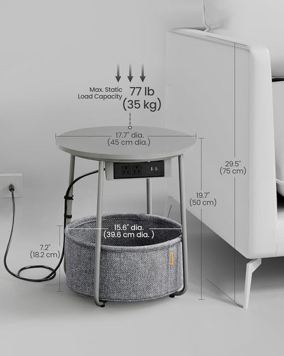 VASAGLE Side Table with Charging Station, Round End Table with Fabric Basket, Nightstand with Power