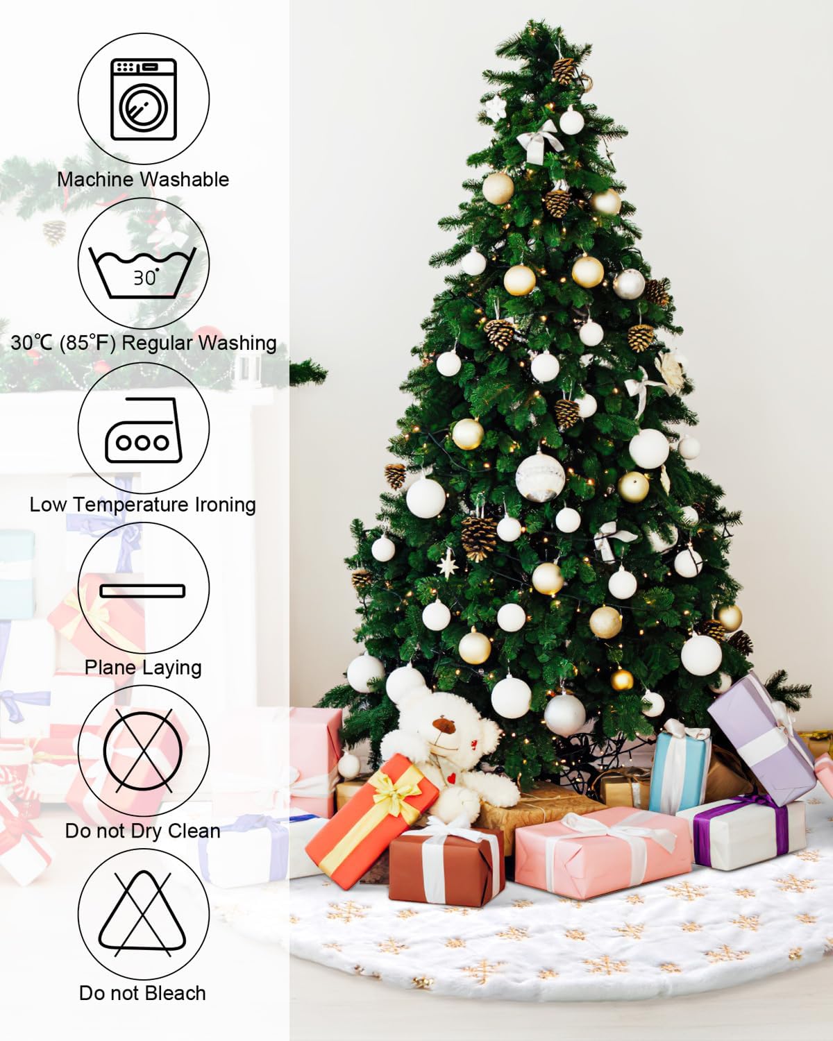 COOLWUFAN 36 Inches Christmas Tree Skirt for Xmas Tree Holiday Party Decoration White Plush Gold
