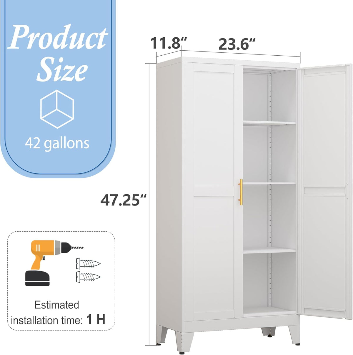 White Metal Storage Cabinet, 48" Steel Cabinets for Home Office, Kitchen Pantry Storage Cabinet