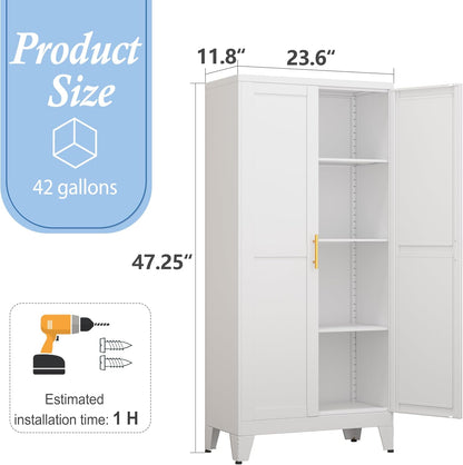 White Metal Storage Cabinet, 48" Steel Cabinets for Home Office, Kitchen Pantry Storage Cabinet