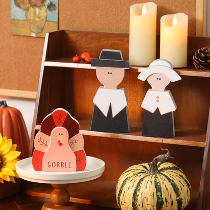 Amorita Fall Thanksgiving Decorations Wooden Turkey Pilgrim Couple Table Sign 3 Pcs Fall