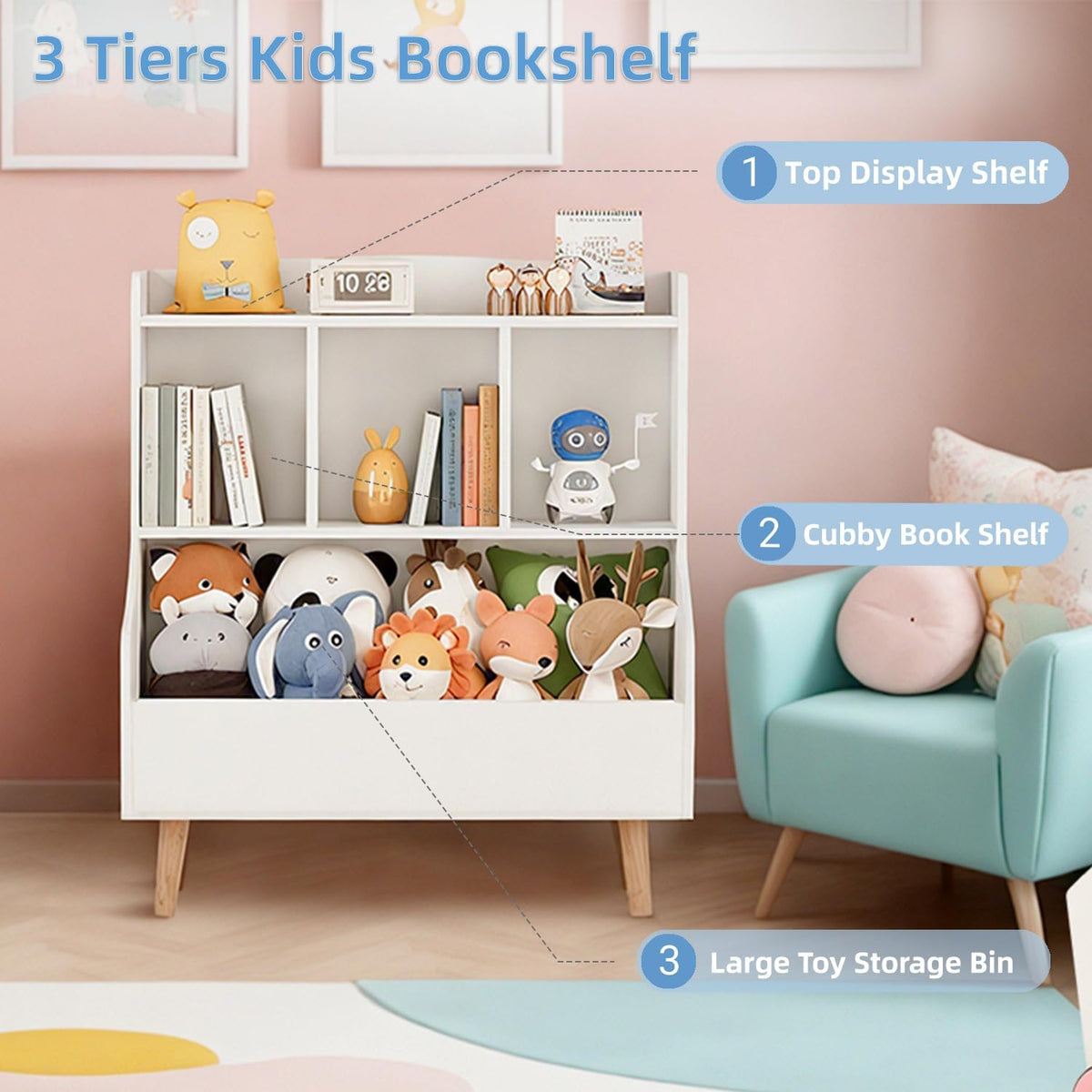 Kids Bookshelf and Toy Storage, 4-Cubby Toy Storage Organizer with Bookcase, Wood Kid Storage