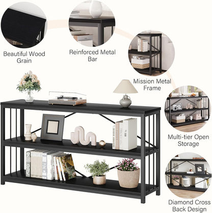 LVB Black Entryway Table, Modern Extra Long Sofa Console Table, Metal Wood Narrow Hallway Table