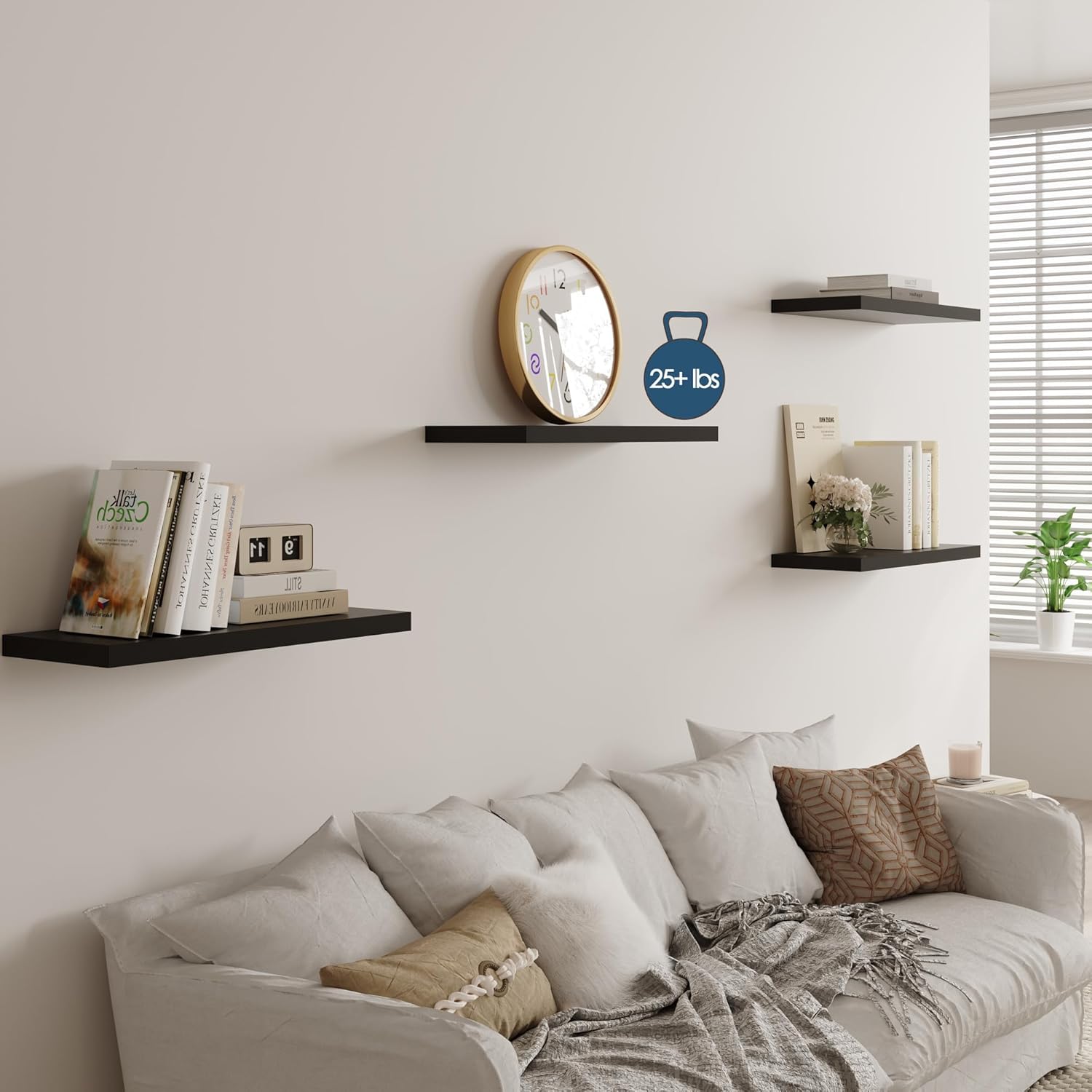 Wall Shelf Set of 2, Black Floating Shelves 30 in W x 10 in D x 1 in H, Wooden Floating Wall Shelf