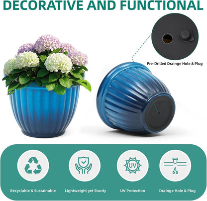 15" H Large Flower Pots, Set of 2 Plastic Planters for Outdoor Plants with Gradient Blue Finish and