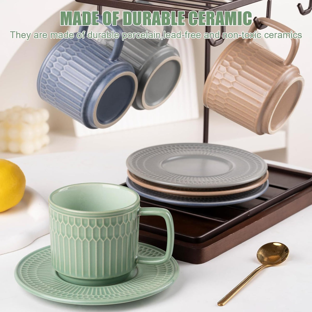 Large Cappuccino Cups with Saucers Set of 4, 8 Ounce Stackable Embossed Ceramic Coffee Mugs for