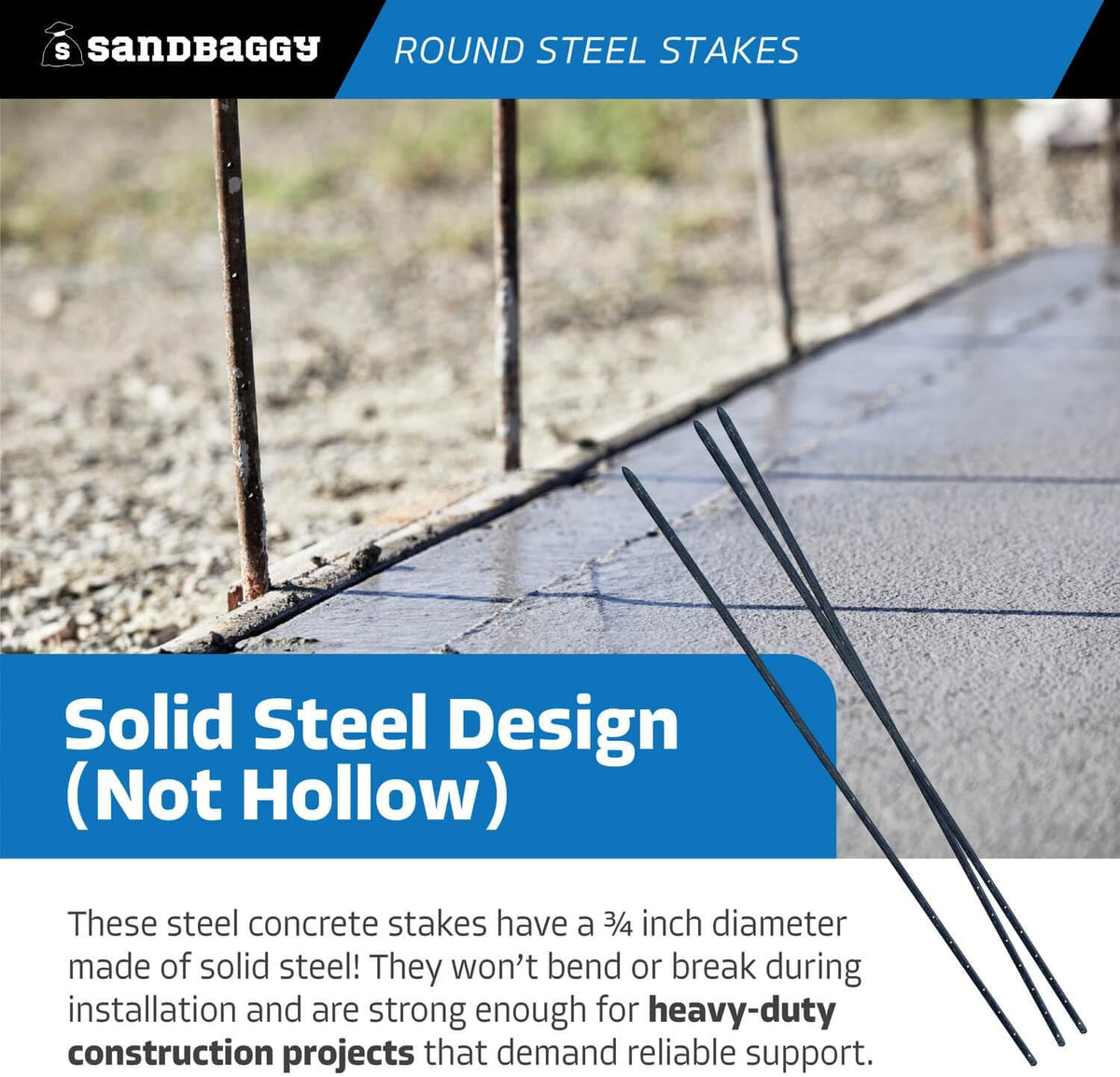 Sandbaggy Round Steel Concrete Form Stakes with Nail Holes - Rust Resistant Coating - Removable