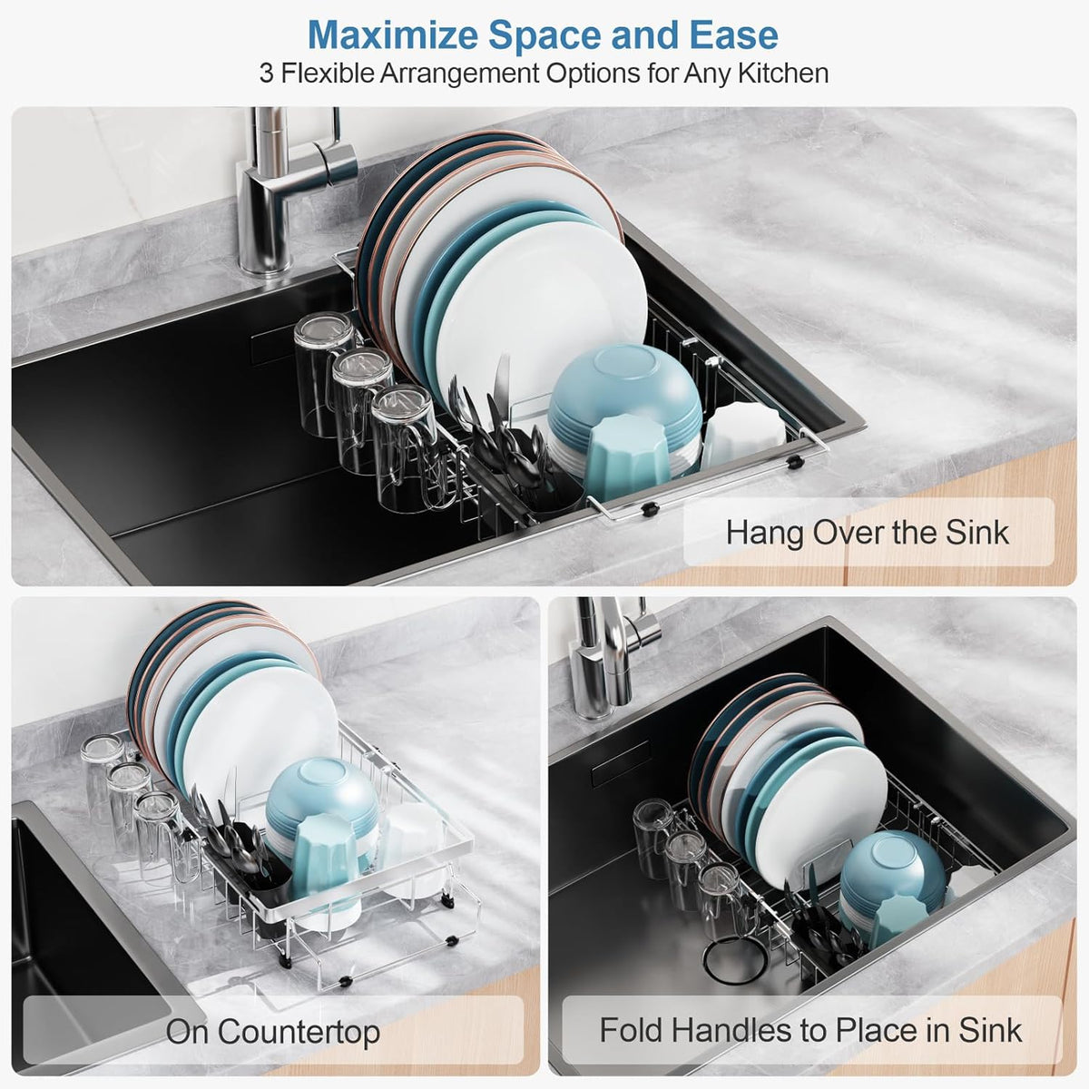 GSlife Expandable in Sink Dish Drying Rack - Capacity Adjustable Stainless Steel Over The Sink Dish